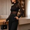 Women's Sheer Mesh Mock Neck T-Shirt Slim Fit Base Layer Top for and Daily Wear
