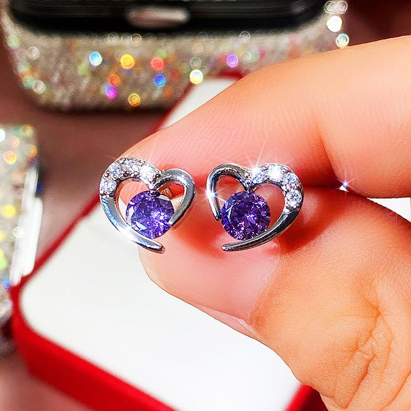 BELLA BOX Fashion Fresh Style Heart Stud Earrings With White/Purple CZ Delicate Accessories For Women Wedding Trend Jewelry