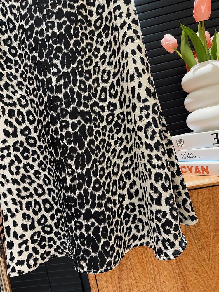 American Retro Satin Leopard Print Fishtail Bodycon Skirt - High Waist, Drawstring Midi