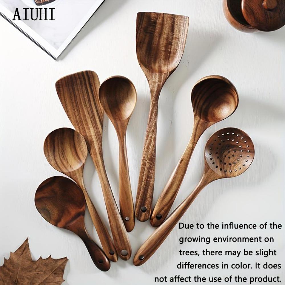 7pcs Natural Teak Wooden Spoons for Cooking - Non-Stick Spatula Set with Comfortable Grip - Perfect for Back To School Supplies