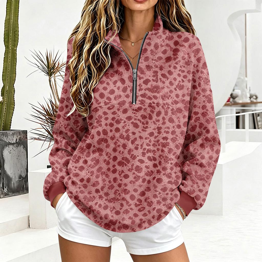 Women's Leopard Print Quarter-Zip Pullover Sweatshirt