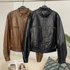 OFTBUY Women Vintage Loose Pu Faux Leather Short Jacket Pockets Motorcycle Jacket Female Zipper Retro Moto Biker Coat Outwear Tops