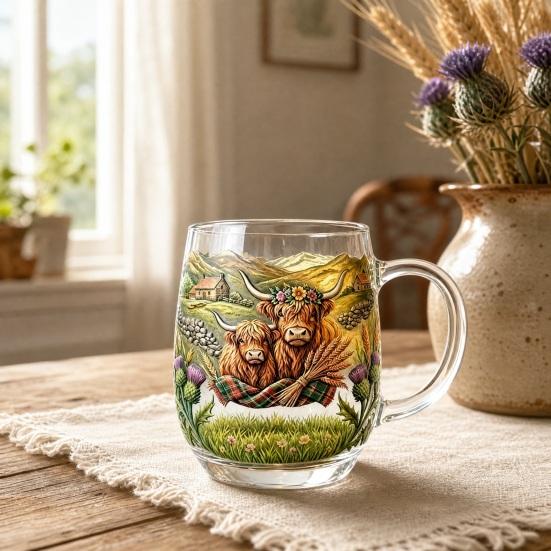 350ML Hand-painted Highland Cow Glass, Highland Cattle Coffee Mug with Handle, Heat-Resistant Tea Milk Water Drinking Cup