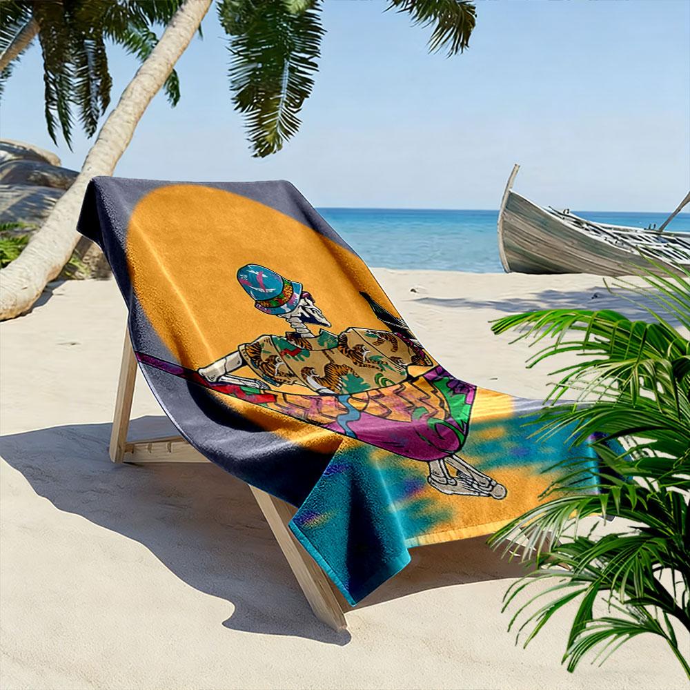 Skeleton's Tropical Escape Print Beach Towel, Quick Drying, Suitable for Travel, Outdoor Sports, Jogging, the Beach and Swimming, Gift
