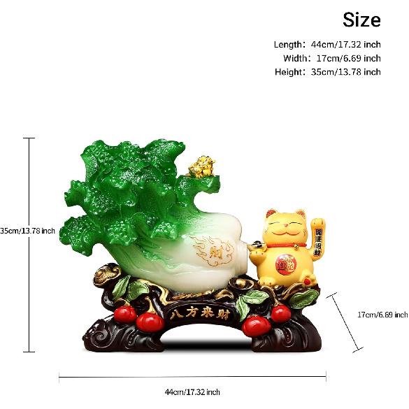 13.62'' Feng Shui Wealth Statue, Automatic Waving Lucky Cat with Jade Cabbage & Money Frog Decor, Feng Shui Decor with Resin & Ceramic Fortune
