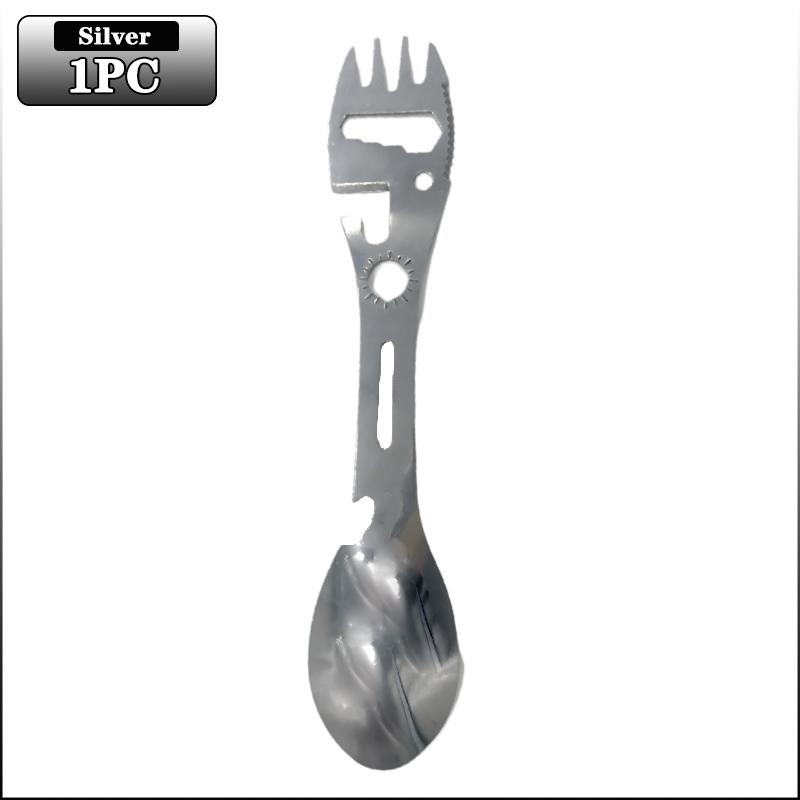 1-20PCS 5 In 1 Stainless Steel Fork Spoon Knife Can Opener Bottle Opener Wrench Multifunctional Gear Outdoor Camping Supplies