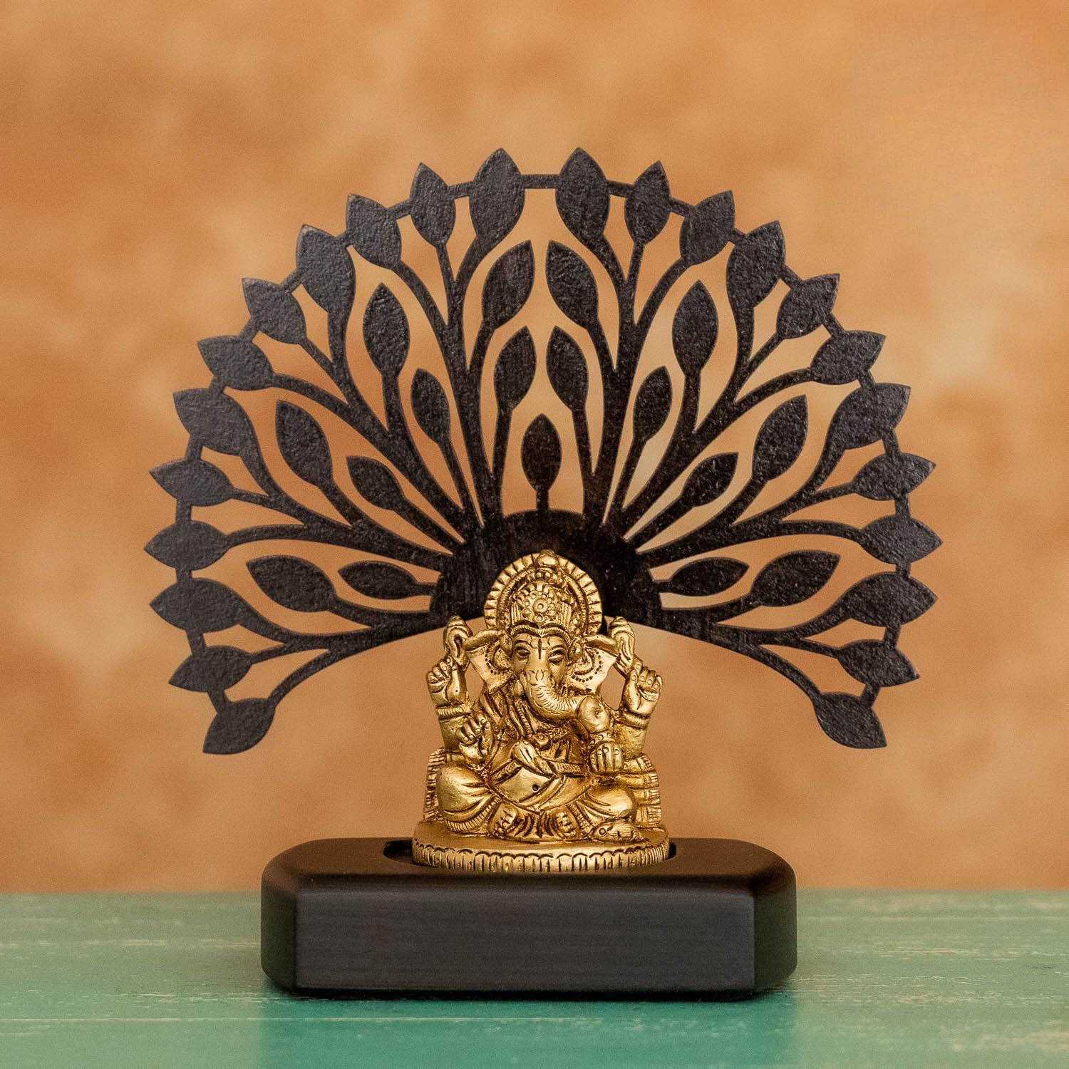 Lord Ganesh Sitting Under Tree In Wooden Base, Home Decoration, Brass, Gold