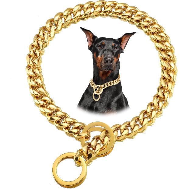 12mm Gold Cuban Link Dog Collar - Stainless Steel Chain Collar with O-Ring Lock for Small, Medium & Large Dogs - Adjustable Heavy Duty Pet Walking