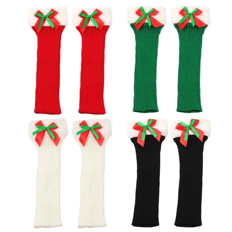 Ribbed Knitted Christmas Boot Cuffs for Women Sweet Bowknot Festival Plush Trim Leg Warmers Calf Socks for Cold Weather