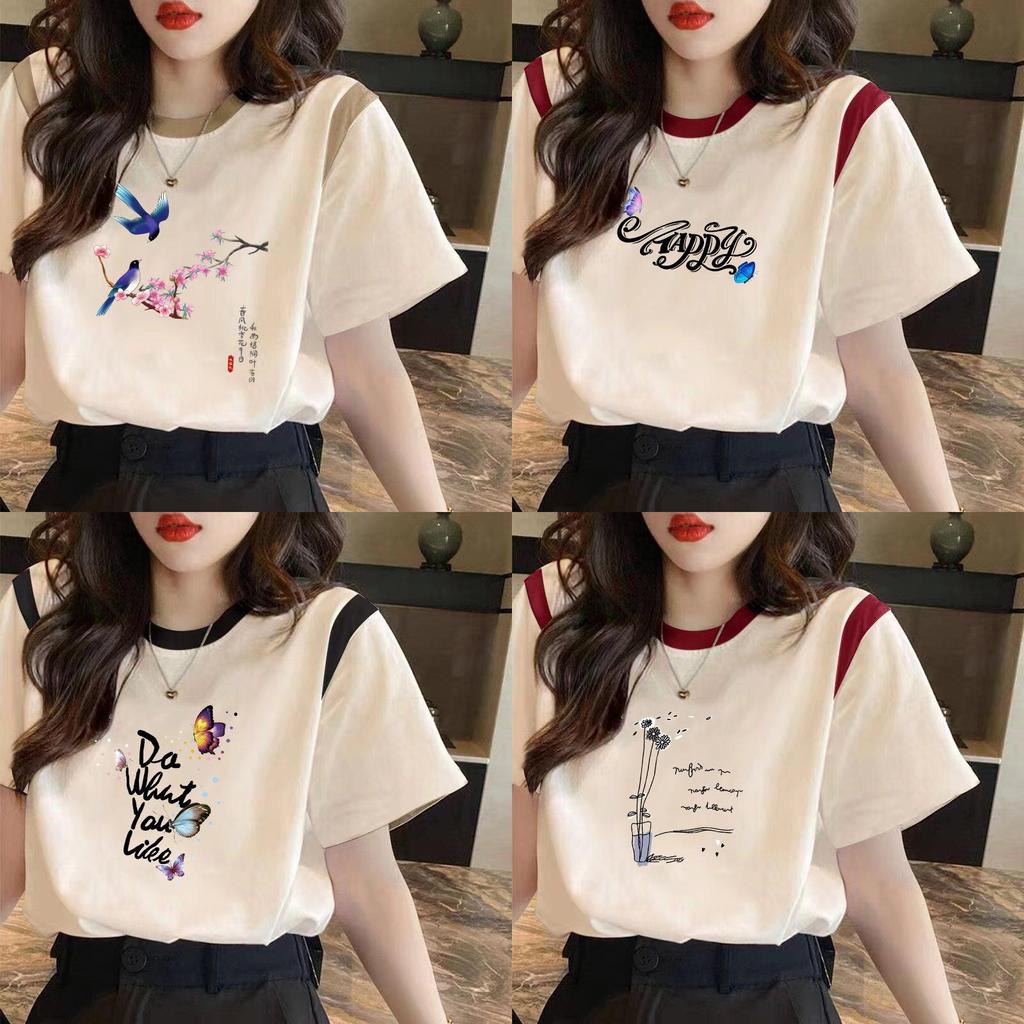 Floral Butterfly Print Short Sleeve T Shirt For Women With Splicing Cotton Relaxed Fit Summer Casual Wear