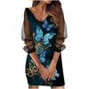 Women's Fashion Casual Long-sleeve V-neck Sexy Mesh Printing Stitching Dress