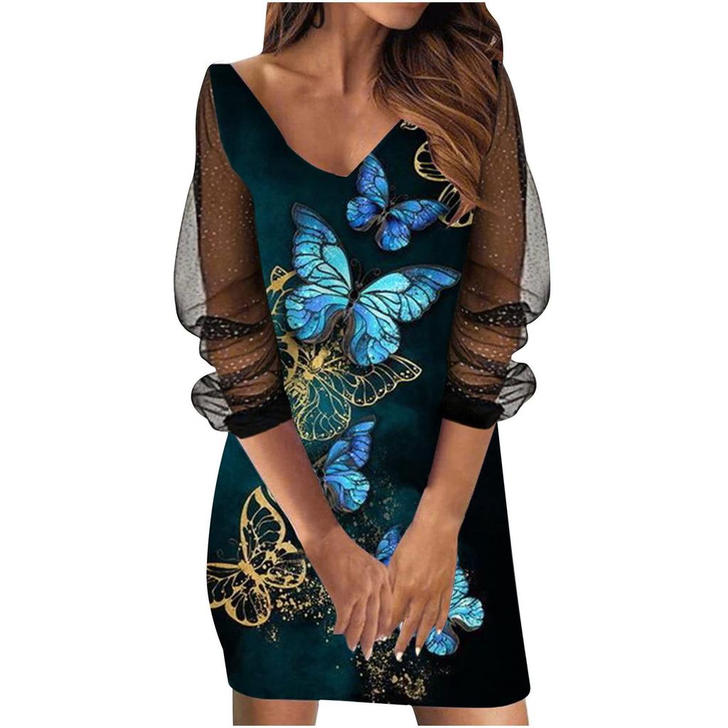 Women's Fashion Casual Long-sleeve V-neck Sexy Mesh Printing Stitching Dress