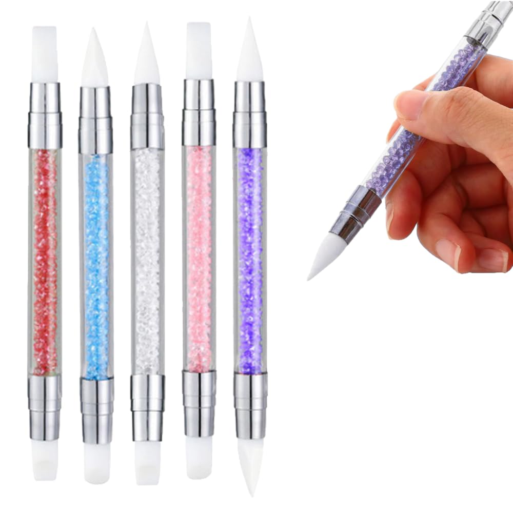 Nail art brush silicone dual-ended head self-nail use 5-piece set (Fuchsia Blue Pink White Magenta)