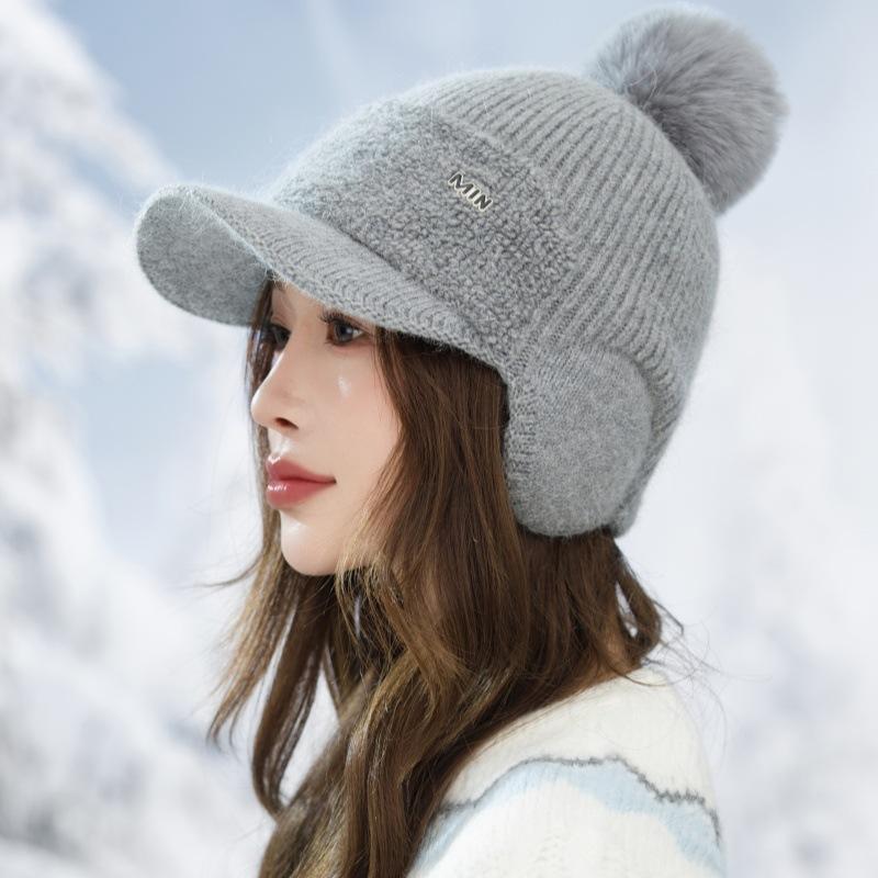Knitted Wool Hat Women's Autumn and Winter Outdoor Cycling Windproof Hairball Hat Cold-proof Warm Fleece Ear Hat