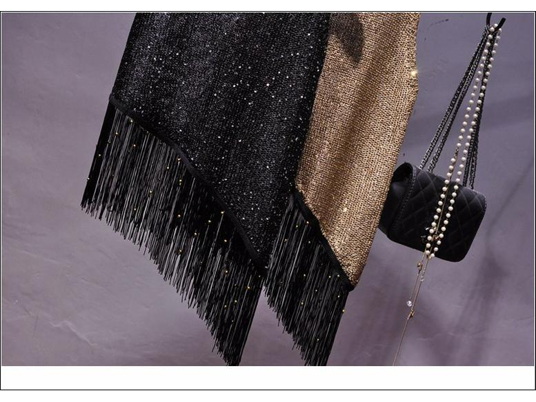 2019 Korean Style Sequin Tassel Spaghetti Strap Vest - Gold Thread Sleeveless Knitted Top for Women