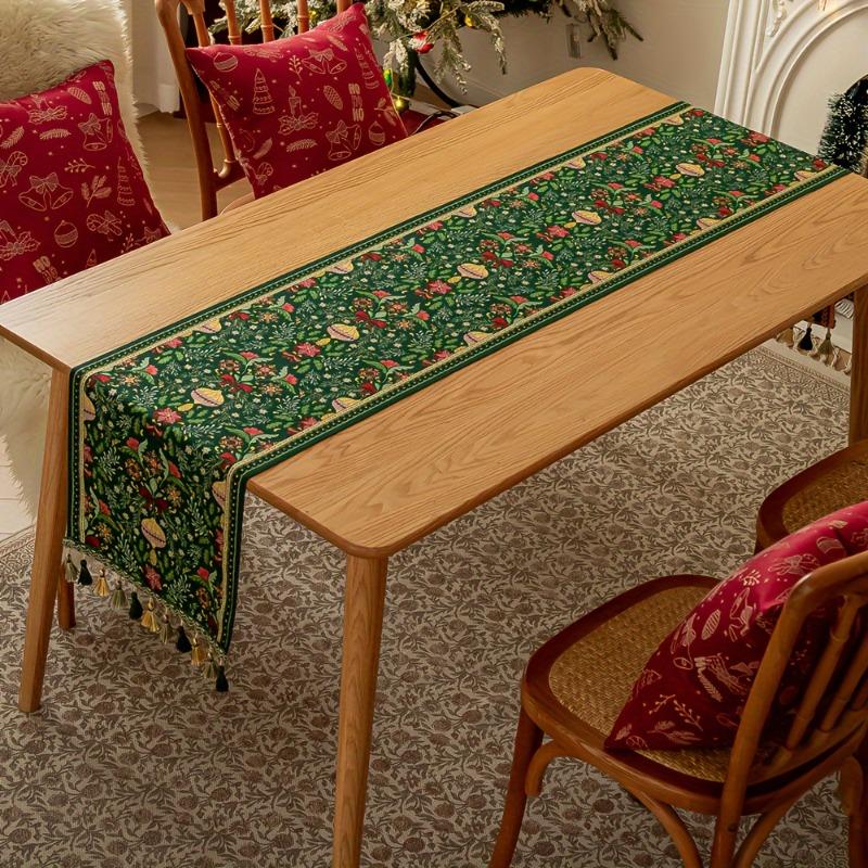 Christmas Table Runner with Tassels Woven Polyester Blend Rectangular Festive Plant & Flower Pattern Holiday Party Dining Decor