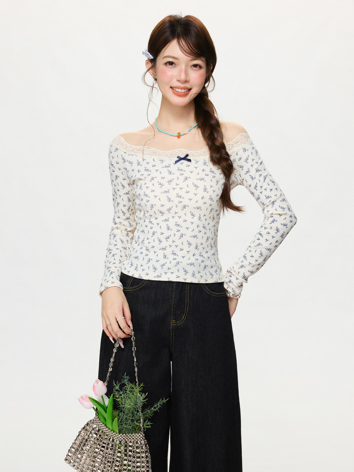 

Korean version of bm style beautiful lace splicing dew one-word shoulder long-sleeved women s spring inner bottoming shirt top S абрикосовый света
