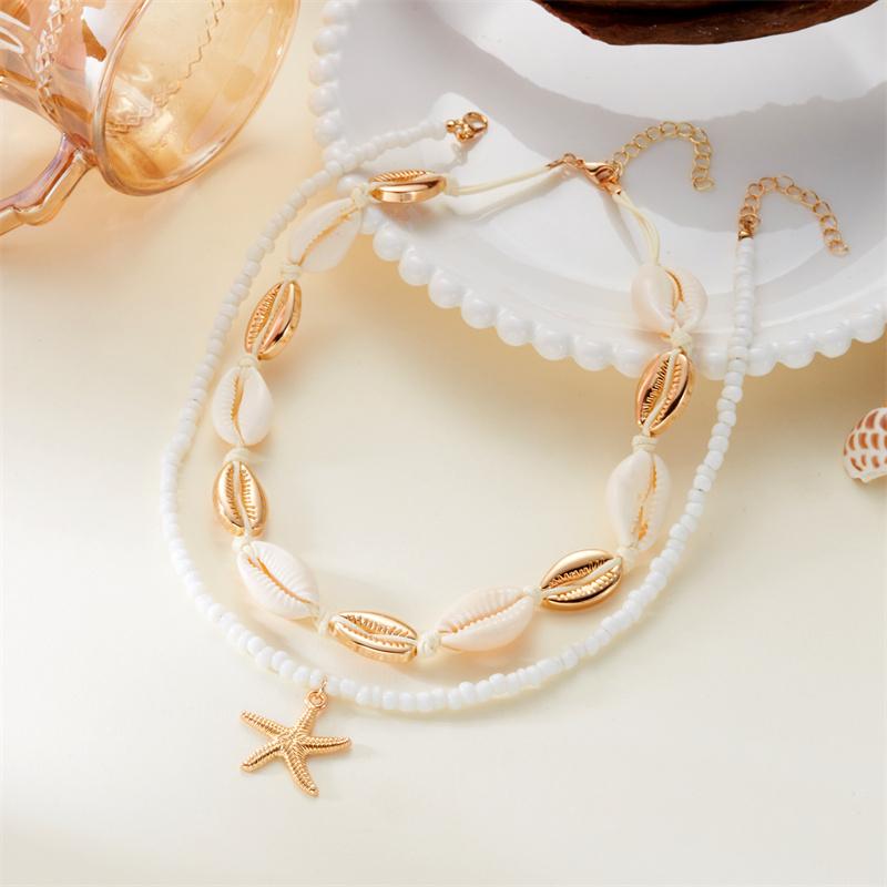 Boho Gold Color Starfish Shell Pendant Necklace for Women Double Layer Rice Beads Sea Shell Choker Summer Beach Party Jewelry