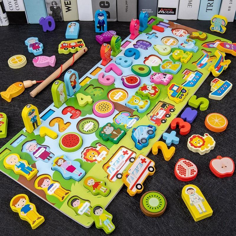 Wooden cartoon dinosaur fishing logarithmic board shape matching digital puzzle building block cognitive baby enlightenment toy