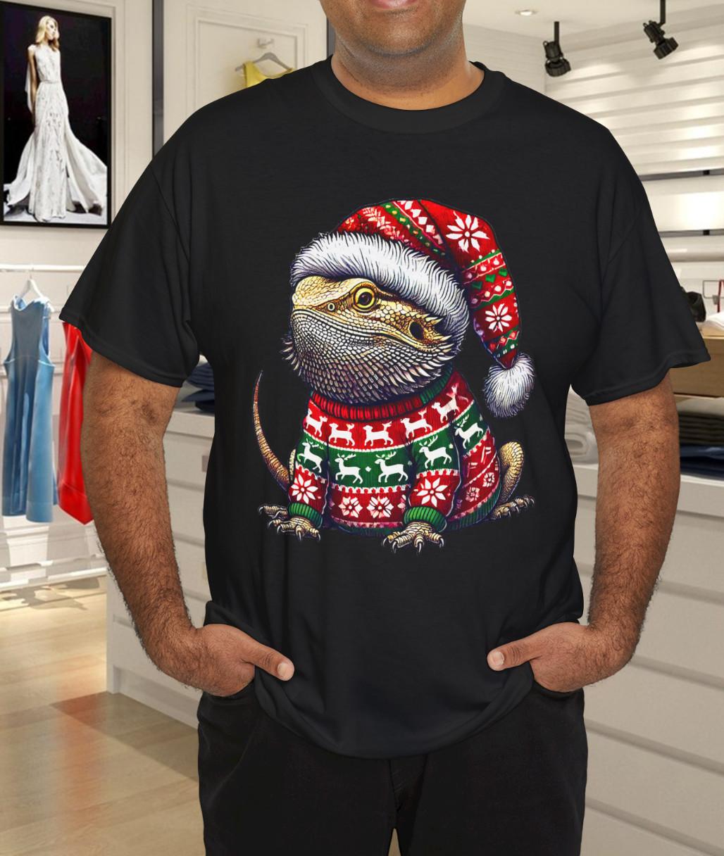 Bearded Dragon Ugly Sweater Santa Hat Christmas T-Shirt Mens Womens Tees Top 3XL