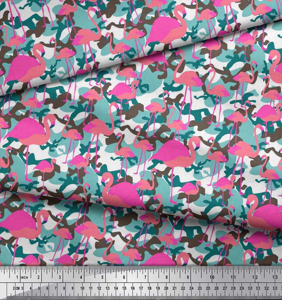Soimoi Japan Crepe Satin Fabric Camouflage Texture & Flamingo Bird Printed Craft Fabric by the Metre 42 Inch