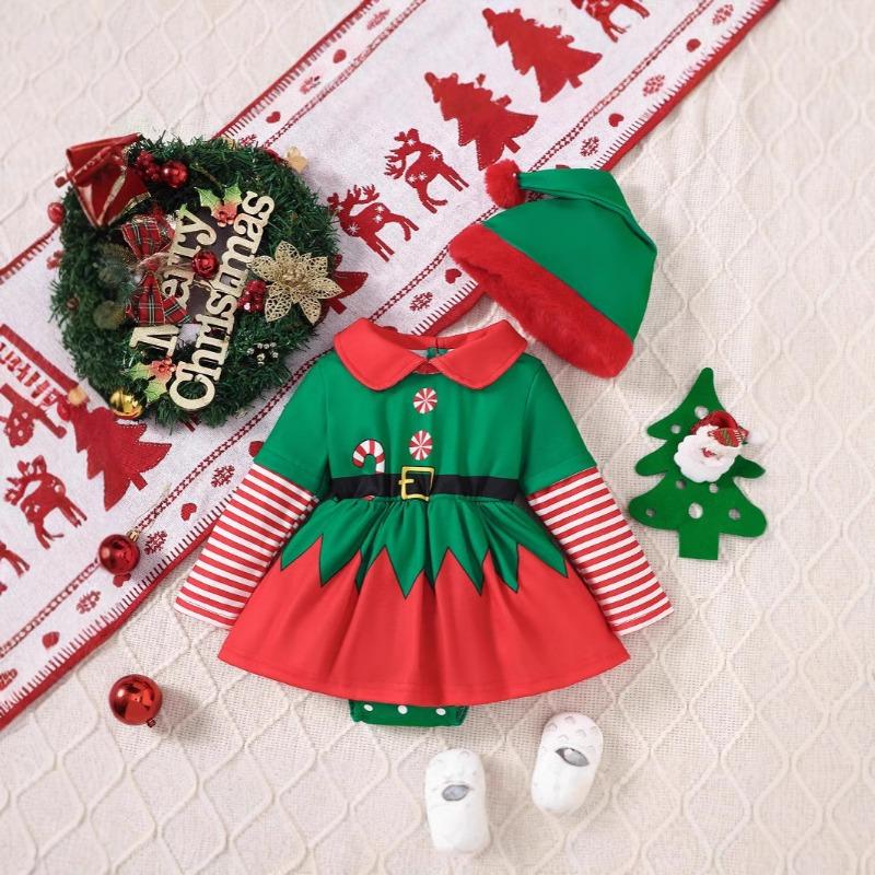 

Рождественская детская одежда осень новая девочка младенец полосатая вставка длинный рукав рождественский принт лацкан треугольный ромпер 150cm