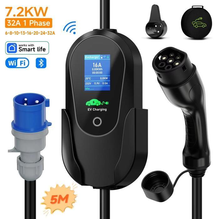 Tragbares EV-Ladegerät, 7,2 kW, 1 Phase, Einstellbarer Strom bis 32 A, Typ 2 5 m mit App