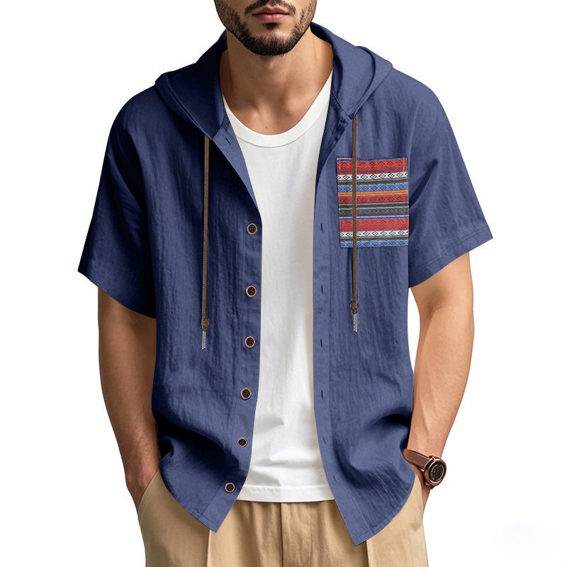Summer Men's Lightweight Pocketed Breathable Linen Loose-Fit Hooded Cardigan Short-Sleeved Shirt