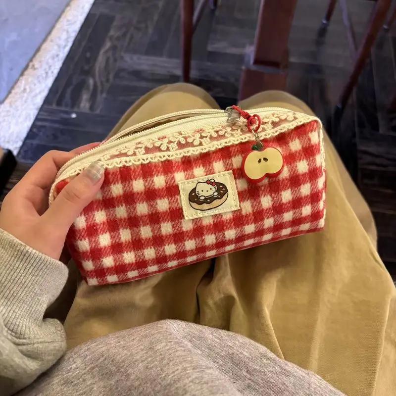 Cute Cat Lace Retro Christmas Plaid Woolen Pencil Case Student Stationery School Supplies Back To School Kawaii Pencil Bag