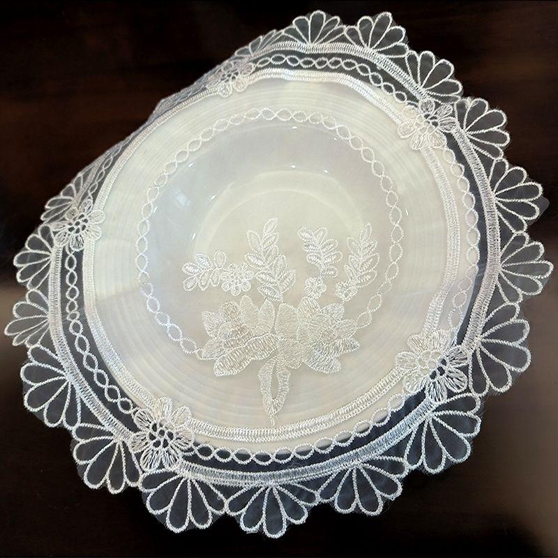 White Round Organza Rose Embroidery Universal Cover Cloth Tablecloth Embroidered Cover Cloth Placemat 33cm