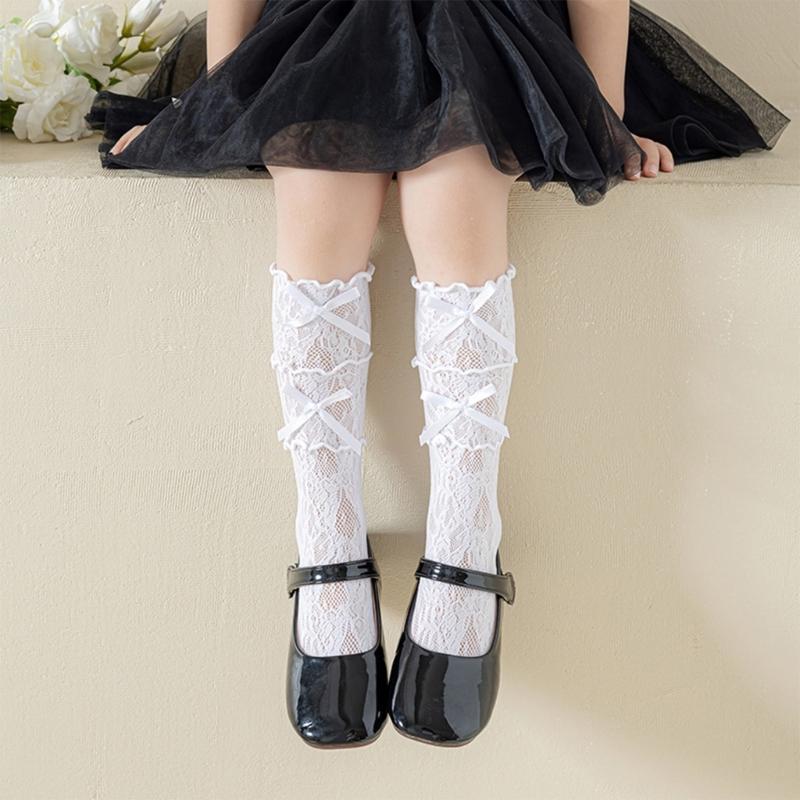 Cotton Girls Socks, Spring Thin Style In Tube Socks 3-Layer Lace Bowknot Charm Stackable for Kids 3-13T
