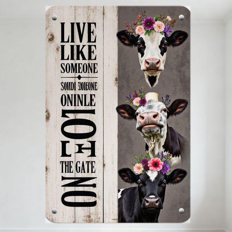 

Vintage Farmhouse Metal Tin Sign with Holstein Cows & Floral Wreaths, Rustic Wooden Left Panel Vertical Mirror Text for Home Bar 20x30cm（7.8x11.8inch）