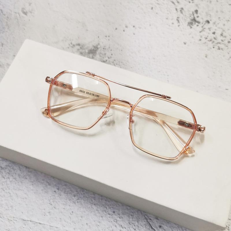 Anti-Blue Glasses Transparent Frame Retro Double Beam Pilot Flat Light Eye Frame Can Be Equipped With Degree Women'S Myopia Glasses