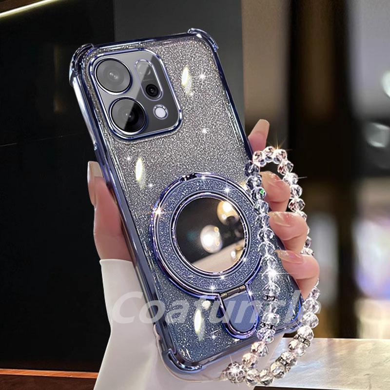 Pour Xiaomi Redmi 15C Note 15 Note 14 Pro Plus 14C POCO C85 5G Étui Pailleté Miroir Support Magnétique Support Téléphone Couverture Bracelet