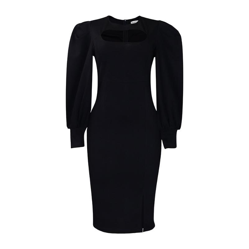 Large Size Women's Clothing Autumn New Fashion Temperament Hollow Long-sleeved Split-ended Solid Color Dress
