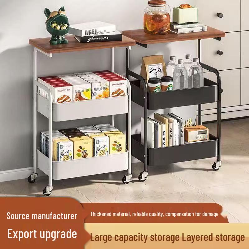 

Retro-Style Movable Snack Storage Trolley with Multi-layer Shelving and Tabletop Organizer Walnut Board, Black Frame, Plastic Wheels