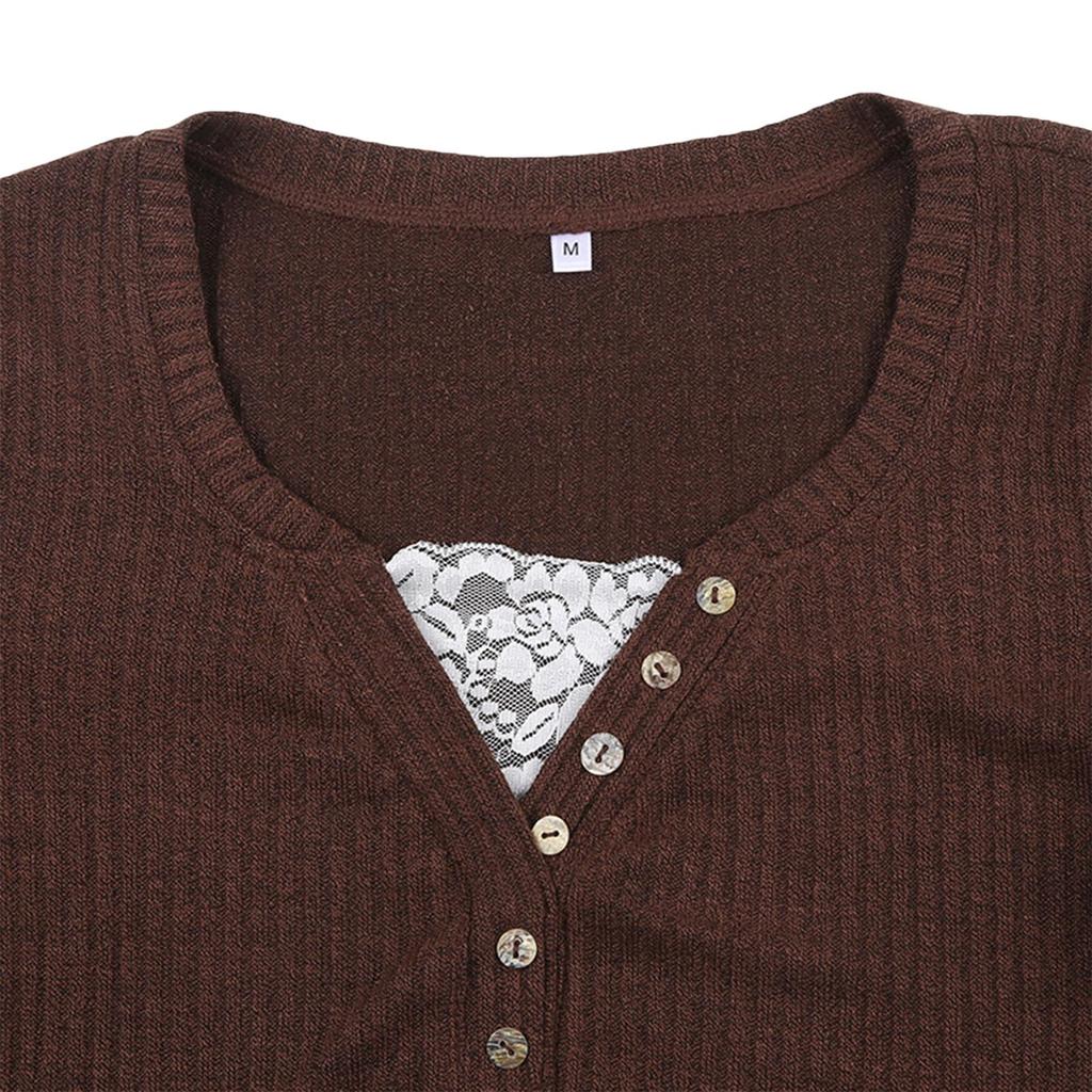 Vintage Lace Patchwork Cute Cotton Tshirts Women Korean Fashion Button Fairy Grunge Y2K Clothes Casual Spring Autumn Retro Tops