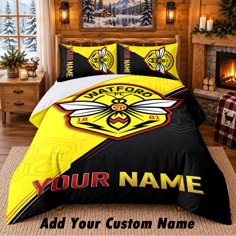 Watford FC Pattern Bedding 3Pcs Set Custom Name, Bed Sheet And Pillowcases For Home Bedroom