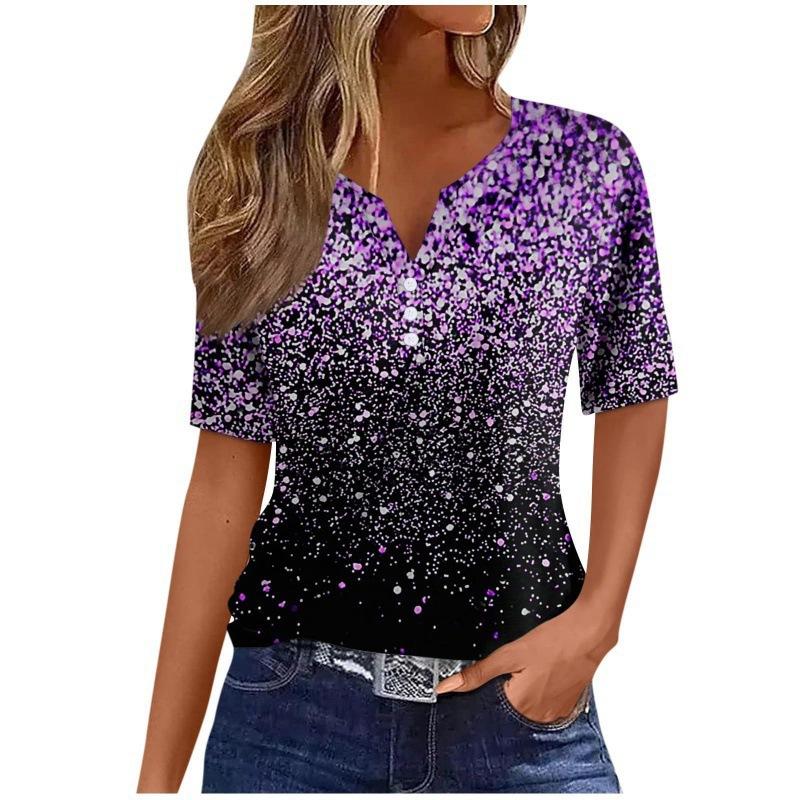 Print Short Sleeve European Style Women Clothing T-Shirt V-Neck