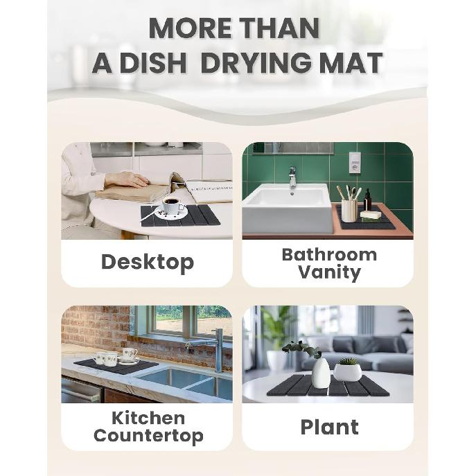 Stone Drying Mat for Kitchen Counter, 16"×12" Heat-resistant Mat, Collapsible and Super Absorbent Dish Drying Stone Mat, Diatomaceous Earth Mats for