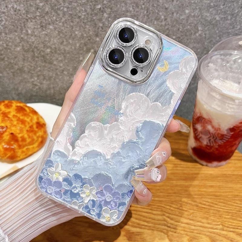 Oil painting clouds for iPhone Apple 16Promax/15/14/13/12/11/8/7 feather yarn mobile phone case x