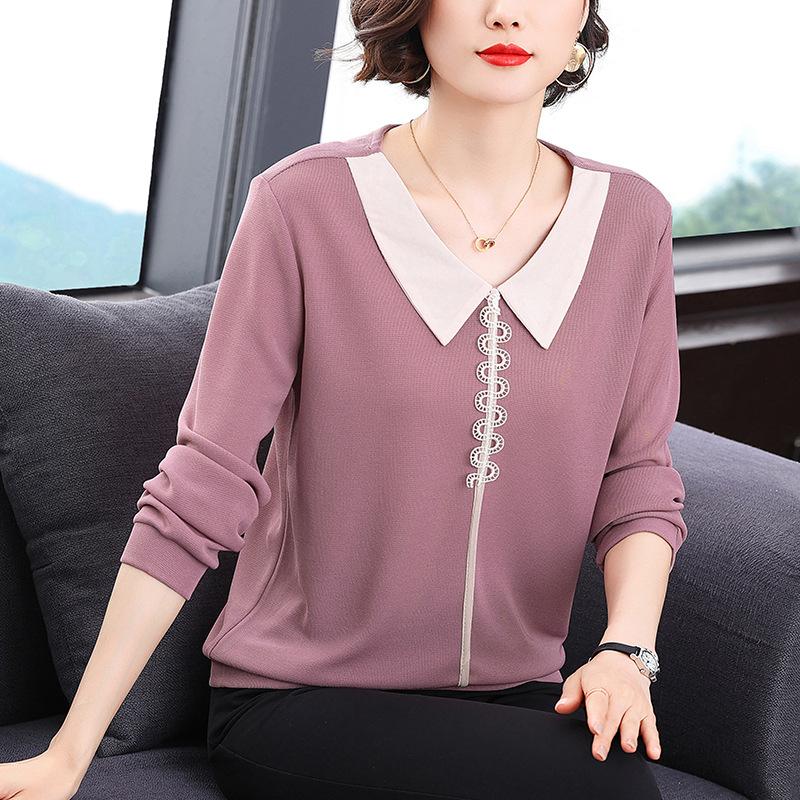 Mom's new lapel shirt loose women's top temperament middle-aged and elderly foreign style long-sleeved t-shirt women