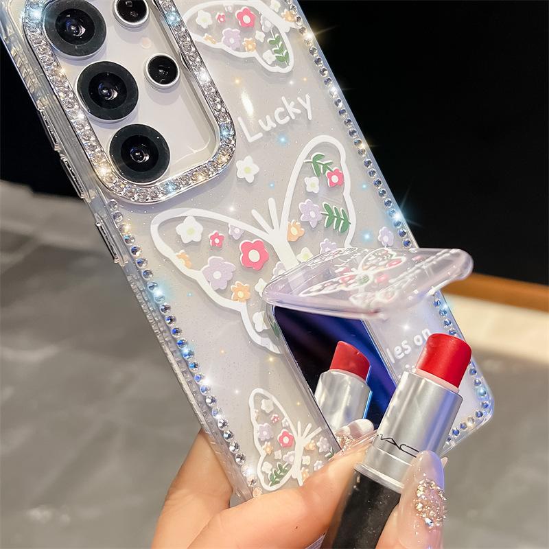 Butterfly Diamond Imd Hard Shell Suitable for Samsung S25 UltraS24FE Mirror Bracket Mobile Phone Case A56A17 Japanese and Korean