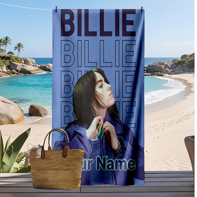 Billie Eilish Custom Beach Towel, Print Your Name Text Lightweight Absorbent Towel for Swimming Travel