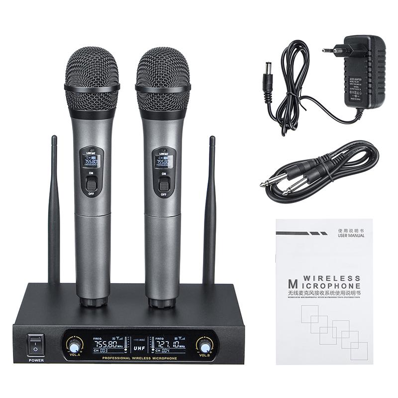 UHF System 2 Channel Frequency Adjustable Wireless Microphone 2 Cordless Handheld Mic Karaoke Speech Party Cardioid Microphone