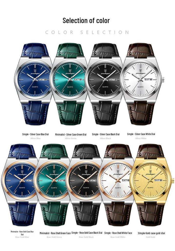 POEDAGAR Men's Ultra-Thin Dual Calendar Quartz Watch with Leather Strap - Trendy Fashion Wristwatch