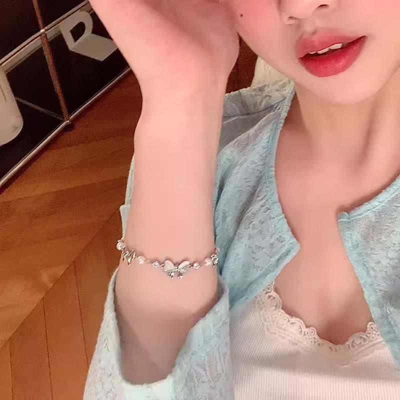 Silver Bow Pearl Bracelet, Women's Korean Bracelet, Party Jewelry Accessory Gift