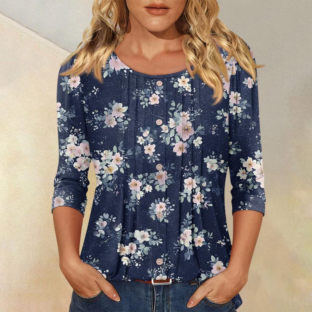 Damen Modisches Lässiges Dreiviertelarm Knopfleisten Oberteil mit Blumenmuster und Rundhalsausschnitt