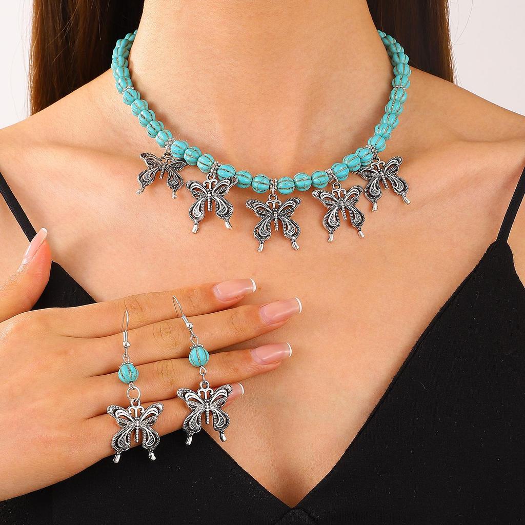 Vintage Turquoise Patchwork Necklace & Heart Earrings Bohemian Jewelry Set