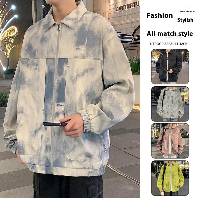 Cozy Up Tie-dye Multi-pocket Lapel Jacket Large Size Loose Casual Men's Thin Coat